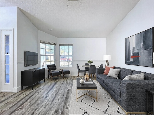 8600 Berkley Dr, Hudson, FL 34667 - living room with vaulted ceiling, a textured ceiling, and light wood-type flooring