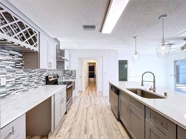 8600 Berkley Dr, Hudson, FL 34667 - kitchen featuring pendant lighting, sink, wall chimney range hood, light hardwood / wood-style flooring, and appliances with stainless steel finishes