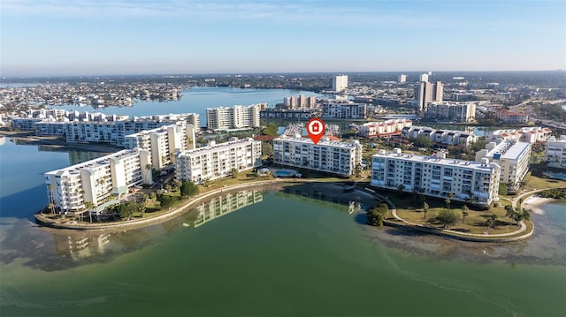 aerial view featuring a water view and a city view