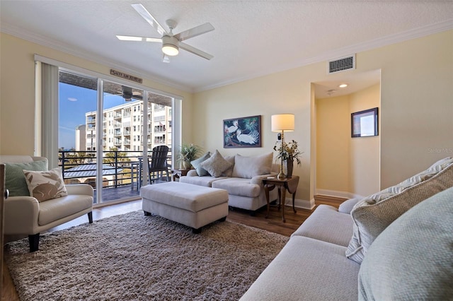 living room with a textured ceiling, a city view, visible vents, ornamental molding, and dark wood finished floors