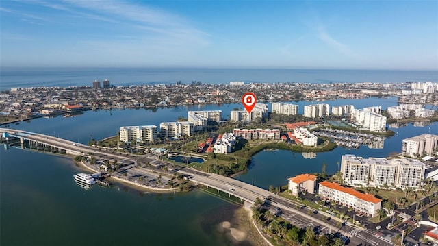 bird's eye view with a city view and a water view