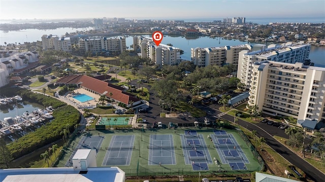 aerial view featuring a view of city and a water view