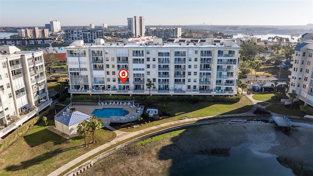 drone / aerial view featuring a city view
