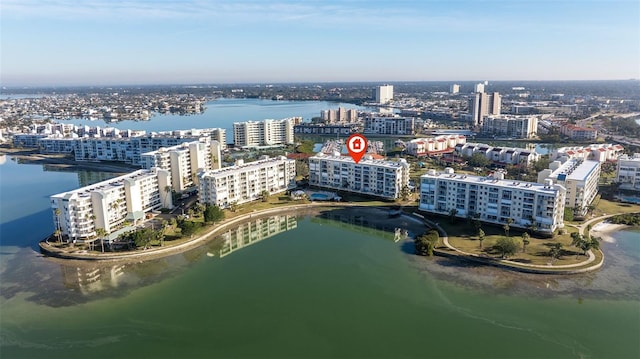 aerial view with a city view and a water view