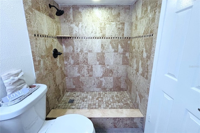 bathroom with a tile shower and toilet