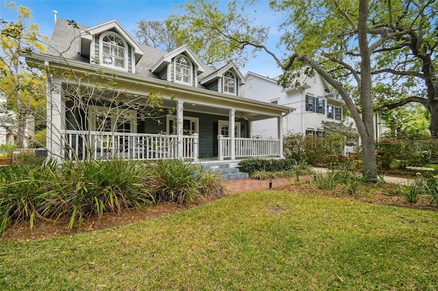 view of front facade with a front yard and covered porch