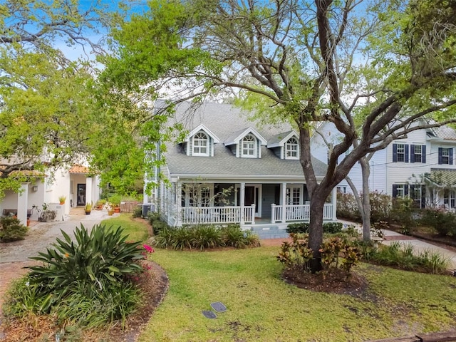 cape cod home with a porch, central AC unit, and a front lawn