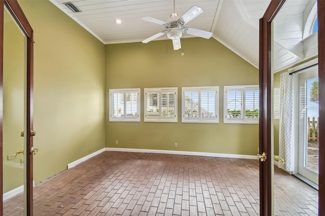 unfurnished room featuring french doors, ceiling fan, wood ceiling, and vaulted ceiling