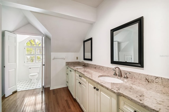 bathroom featuring vanity, hardwood / wood-style flooring, vaulted ceiling, and toilet