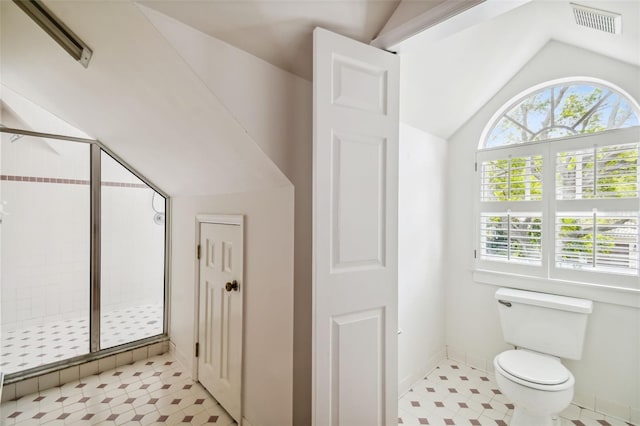 bathroom with a wealth of natural light, vaulted ceiling, toilet, and walk in shower