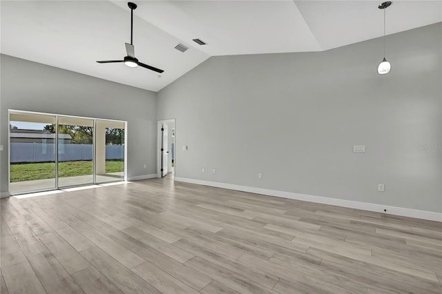 interior space featuring ceiling fan, light wood-type flooring, visible vents, and baseboards