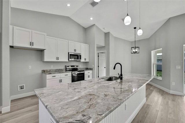 kitchen featuring visible vents, light wood-style flooring, stainless steel appliances, white cabinetry, and a sink