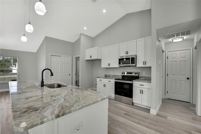 kitchen featuring visible vents, light stone countertops, stainless steel appliances, white cabinetry, and a sink