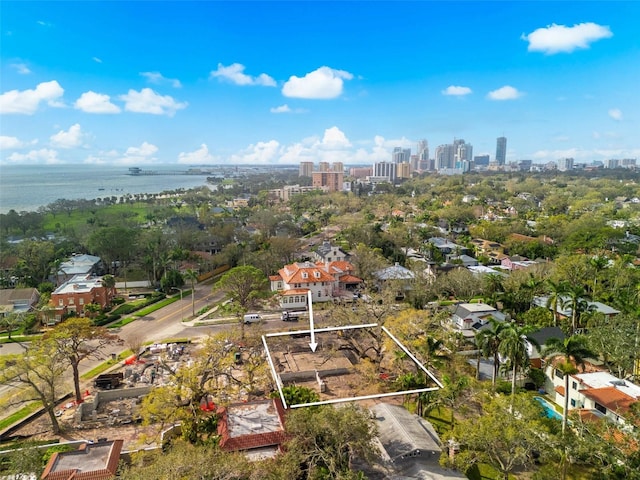 drone / aerial view featuring a water view