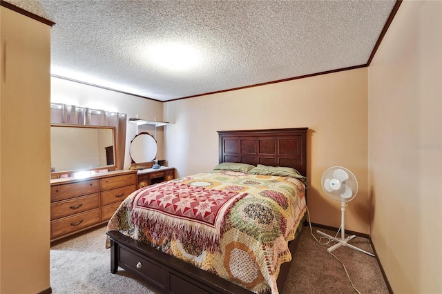 bedroom featuring ornamental molding, a textured ceiling, and carpet flooring