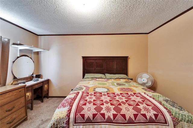 bedroom featuring ornamental molding, light carpet, and a textured ceiling