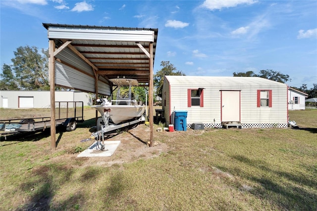 view of outbuilding featuring a yard and central air condition unit