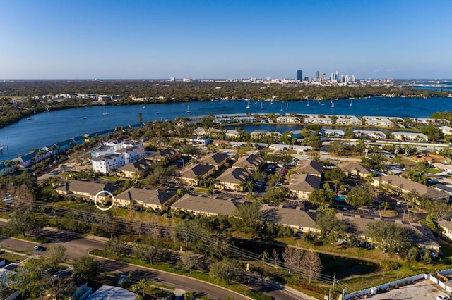 bird's eye view with a water view