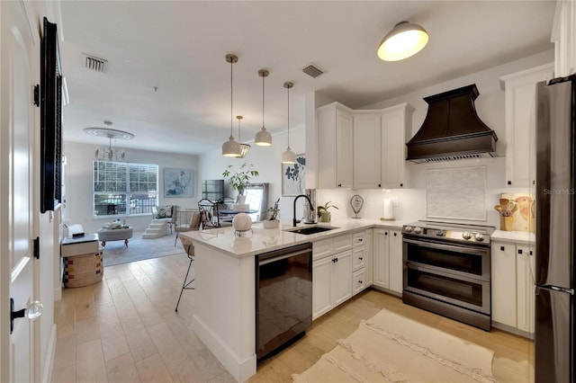 kitchen featuring appliances with stainless steel finishes, sink, custom exhaust hood, and white cabinets