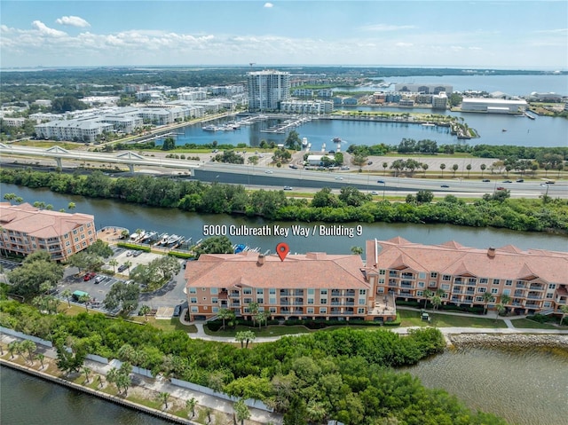 drone / aerial view featuring a water view