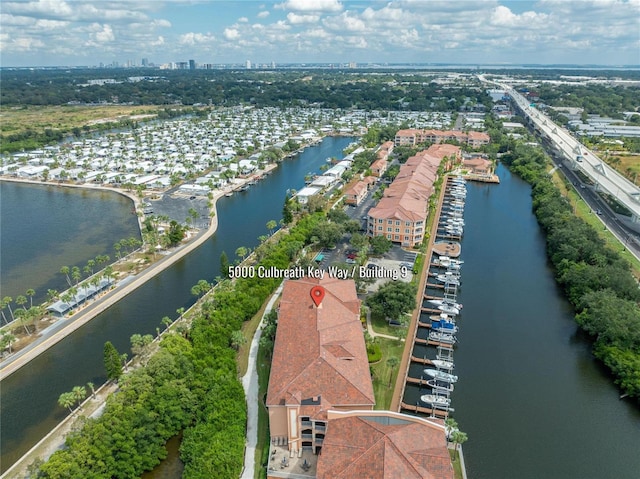 aerial view featuring a water view