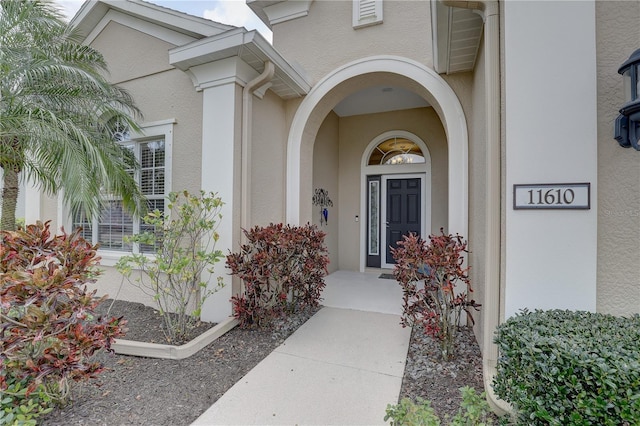 view of exterior entry featuring stucco siding