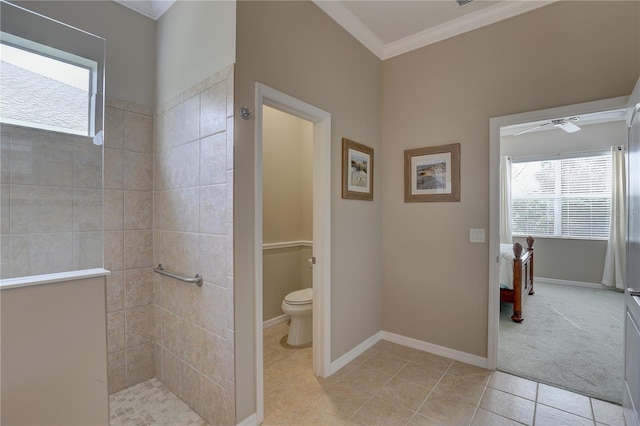 full bath with tile patterned floors, walk in shower, baseboards, and ornamental molding