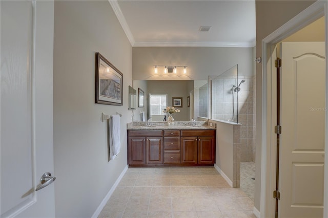 full bath with walk in shower, a sink, and ornamental molding