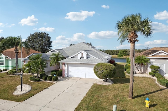 view of front of property with a garage, concrete driveway, a shingled roof, and a front lawn