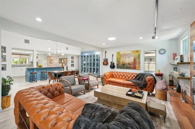 living room with rail lighting and light hardwood / wood-style flooring