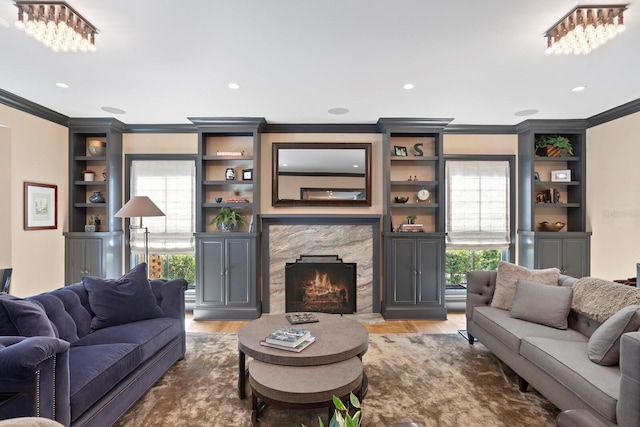 living room with hardwood / wood-style floors, a premium fireplace, and a healthy amount of sunlight