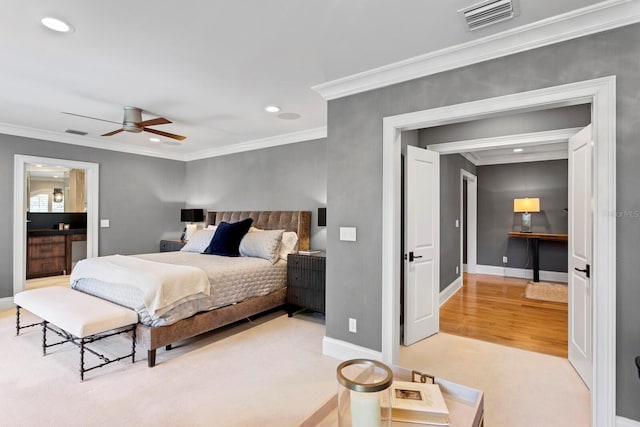 bedroom with crown molding, ceiling fan, and light wood-type flooring