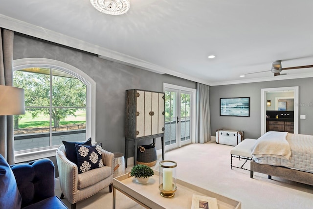 bedroom with french doors, ornamental molding, access to exterior, and light carpet