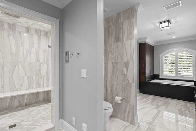 bathroom featuring a shower, ornamental molding, and toilet