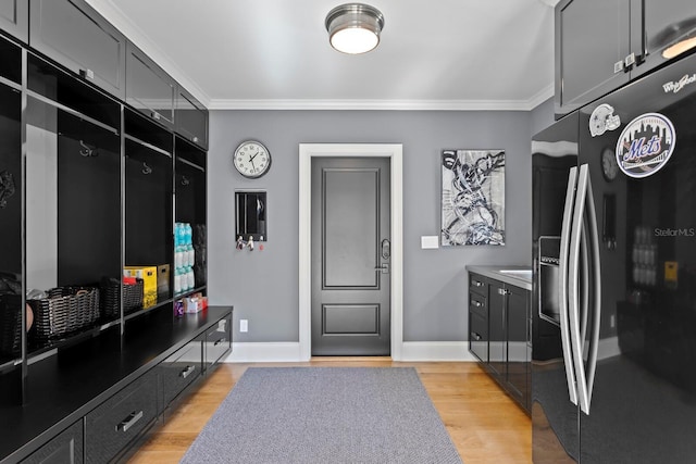 mudroom featuring crown molding and light wood-type flooring