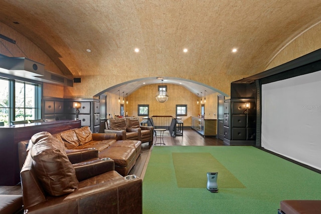 cinema with lofted ceiling and dark hardwood / wood-style flooring