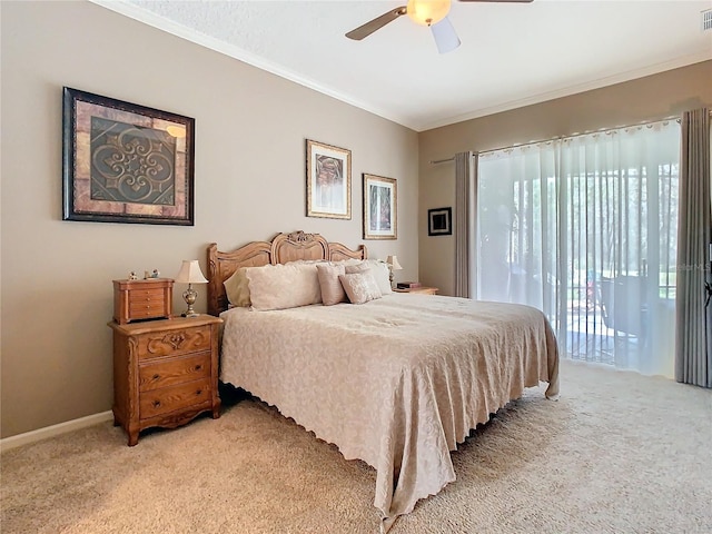 bedroom featuring access to exterior, light carpet, and ornamental molding