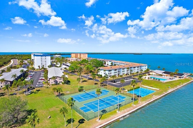 drone / aerial view featuring a water view