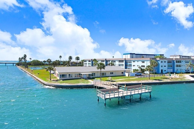 exterior space with a water view