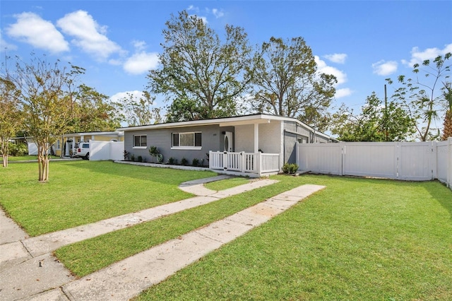 view of front of property with brick siding, a fenced backyard, a front lawn, and a gate