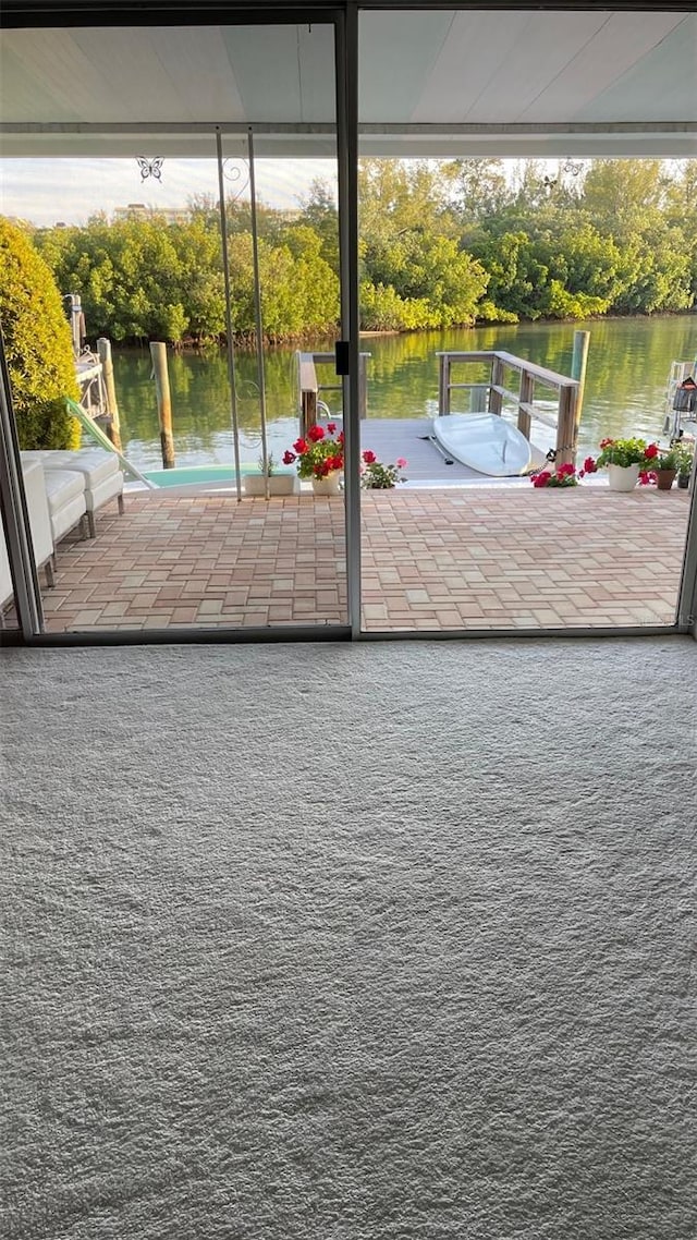 exterior space with a water view and carpet flooring