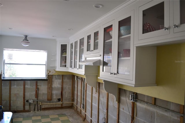 kitchen with white cabinetry, ventilation hood, and ornamental molding