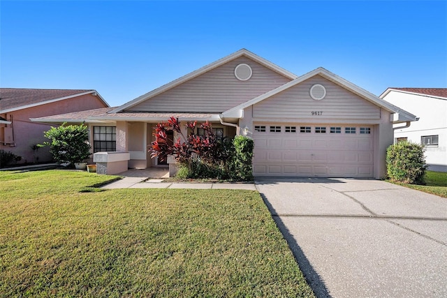 ranch-style house with a garage, a front lawn, and concrete driveway