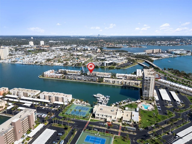 aerial view featuring a water view and a city view