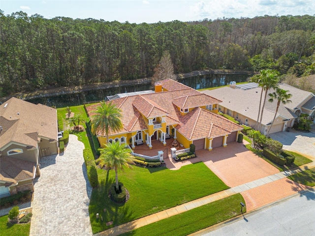 drone / aerial view featuring a water view