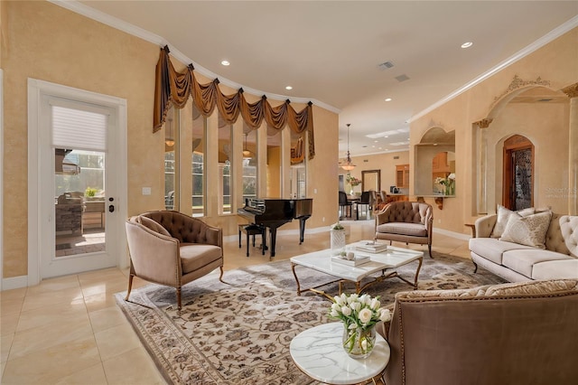 tiled living room with ornamental molding