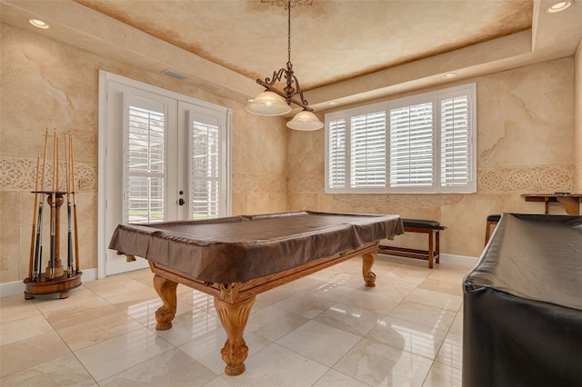 rec room with pool table, french doors, and light tile patterned flooring