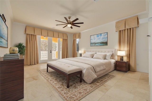 bedroom featuring access to exterior, crown molding, french doors, and ceiling fan