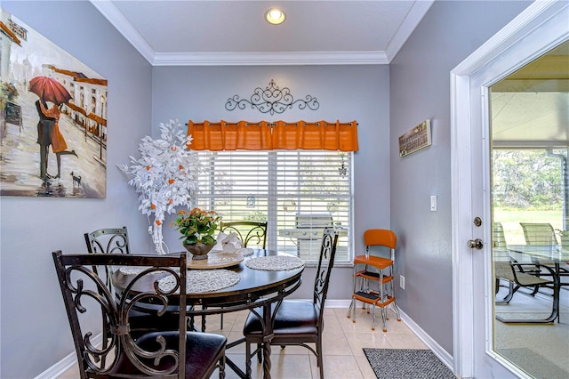 tiled dining space with crown molding