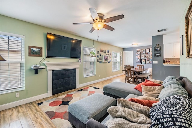 living room with ceiling fan and light hardwood / wood-style floors